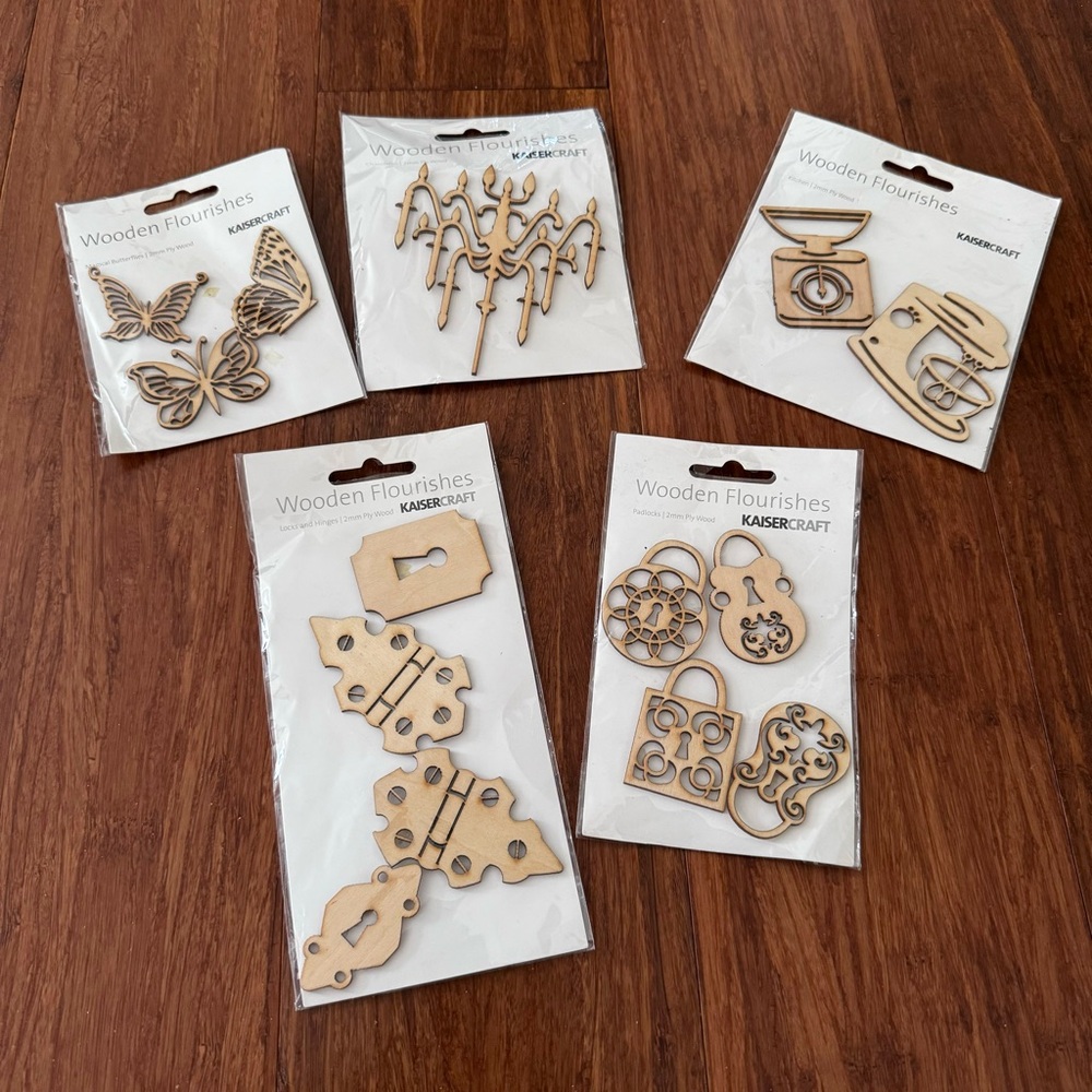 FREE Wooden Flourishes Craft Art Set Butterfly Locks Bakewear Cut Outs Bundle
